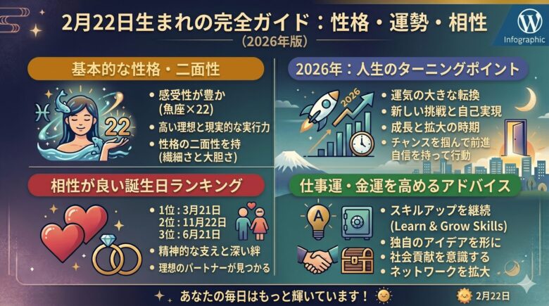 2月22日生まれの運勢を徹底解説！性格や相性、2026年の運気
